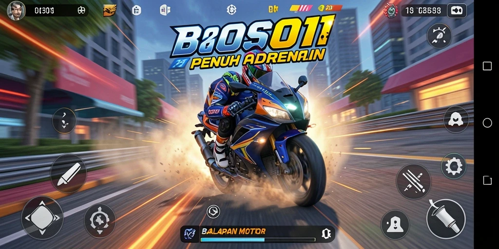 Screenshot gameplay BOS01 yang menampilkan balapan motor yang seru.