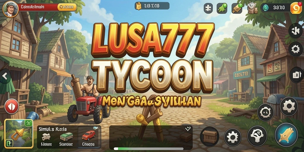 Tangkapan layar utama LUSA777 menampilkan elemen gameplay tycoon yang dinamis.